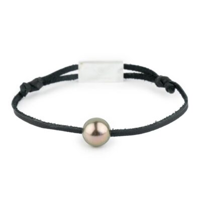 Pulsera de cuero negro con una perla de Tahití