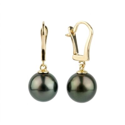 Aros de oro con perlas negras de Tahití, vista frontal