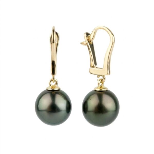 Aros de oro con perlas negras de Tahití, vista frontal
